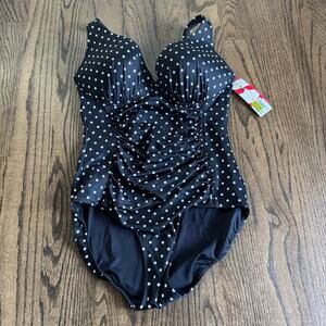 Spanx Underwire Shaping One Piece Ruched Swim Suit Black White Polka Dot Size 14